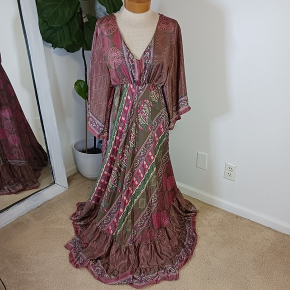 Celina Boho Maxi Womens Dress OSFM Silk Blend Paisley Magenta Wedding Guest - Picture 3 of 12